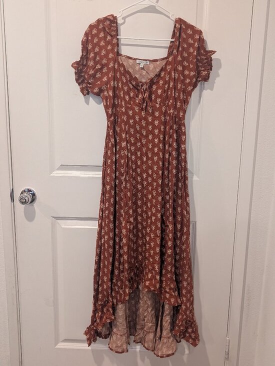 Patrons of Peace Dresses & Skirts - Rust Orange Boho Midi Dress | Puff Sleeve Tie Front Cottagecore Western